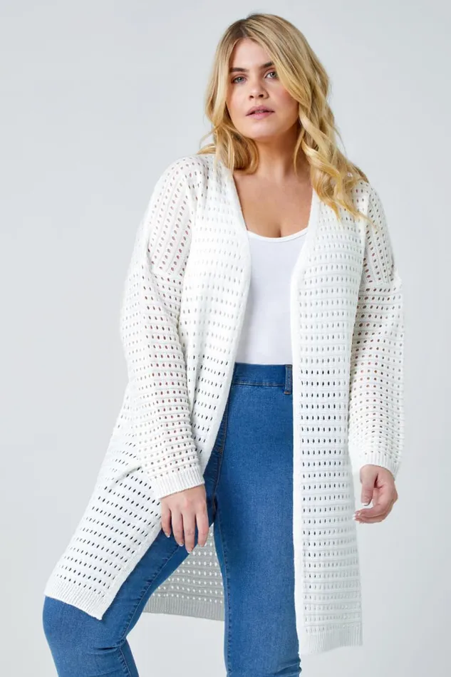 Women Cream Curve Pointelle Longline Cardigan Roman Knitwear