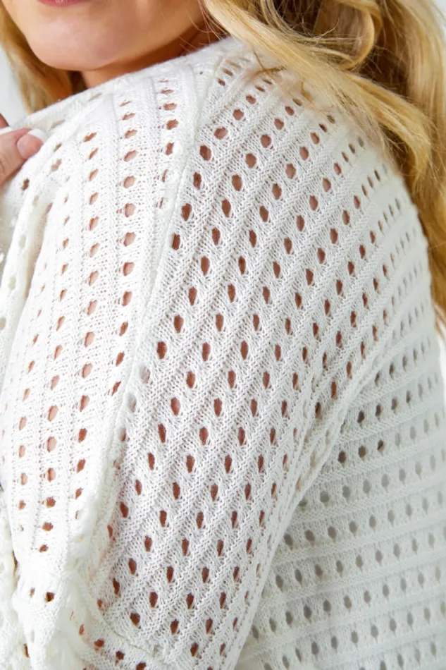 Women Cream Curve Pointelle Longline Cardigan Roman Knitwear