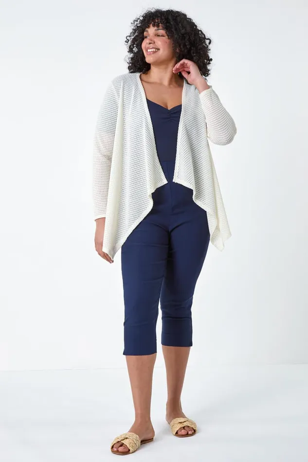 Women Cream Curve Textured Waterfall Cardigan Roman Tops