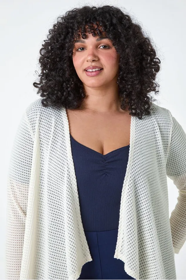 Women Cream Curve Textured Waterfall Cardigan Roman Tops