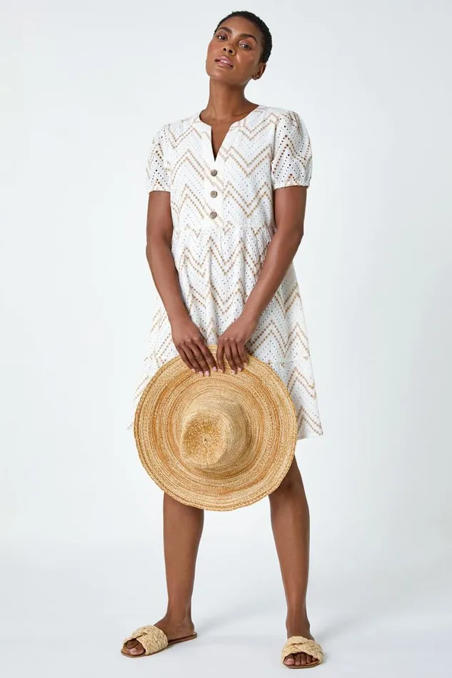 Women Cream ZigZag Embroidered Cotton Tunic Dress Roman Dresses
