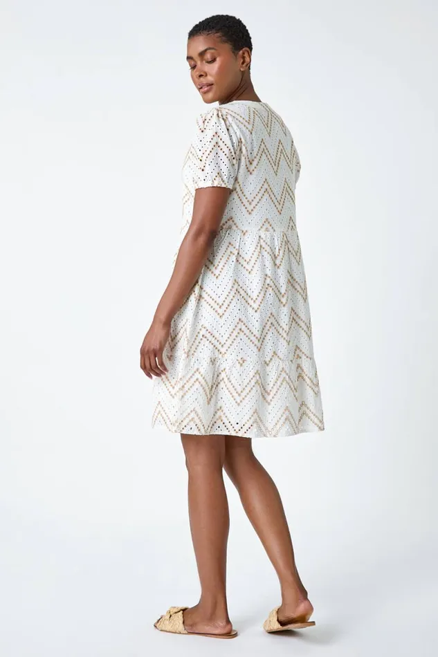 Women Cream ZigZag Embroidered Cotton Tunic Dress Roman Dresses