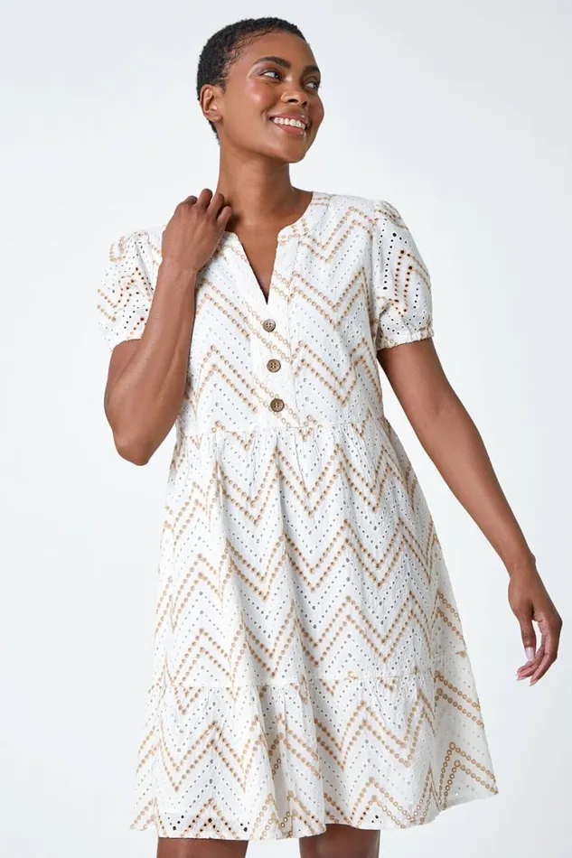 Women Cream ZigZag Embroidered Cotton Tunic Dress Roman Dresses