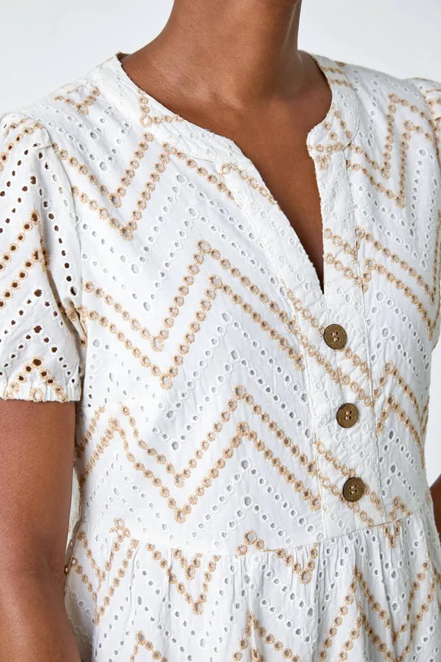 Women Cream ZigZag Embroidered Cotton Tunic Dress Roman Dresses