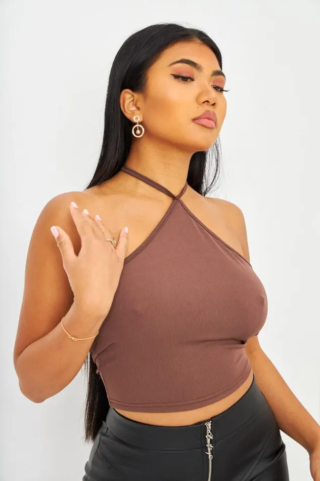 Women Crop Top Marron Dos Nu Nouer Autour Du Cou Brentiny Paris Lace Tops