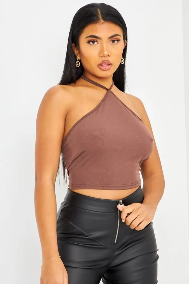 Women Crop Top Marron Dos Nu Nouer Autour Du Cou Brentiny Paris Lace Tops