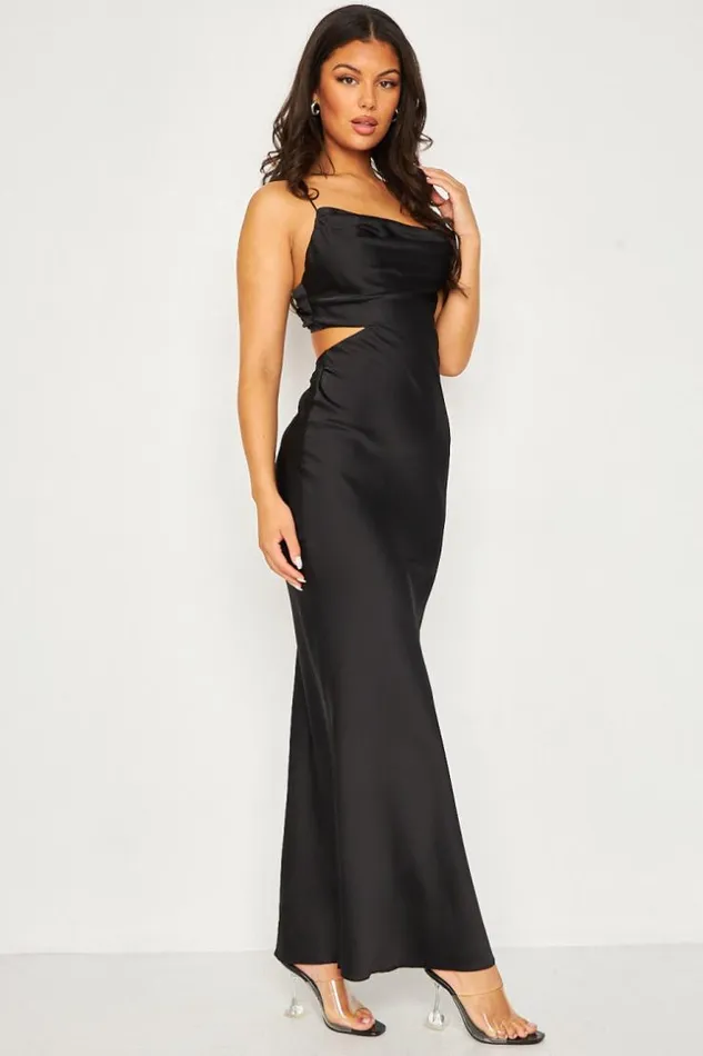 Women Cut Out Cross Back Satin Maxi Dress In Black Black Brentiny Paris Satin Dresses