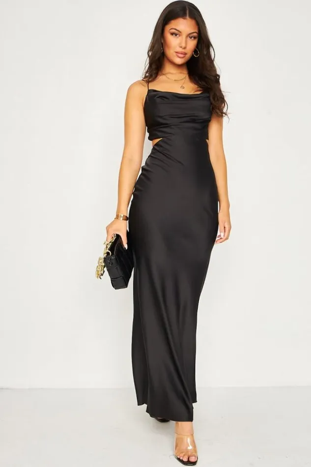 Women Cut Out Cross Back Satin Maxi Dress In Black Black Brentiny Paris Satin Dresses