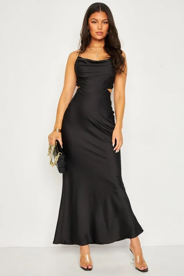 Women Cut Out Cross Back Satin Maxi Dress In Black Black Brentiny Paris Satin Dresses