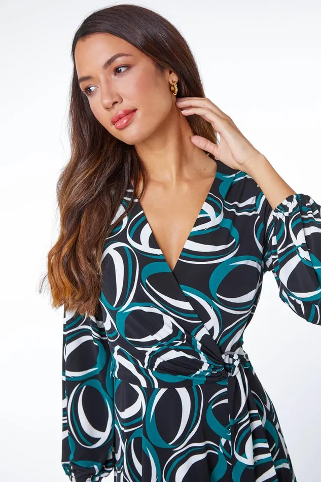 Women Dark Green Abstract Wrap Ring Detail Dress Roman Dresses