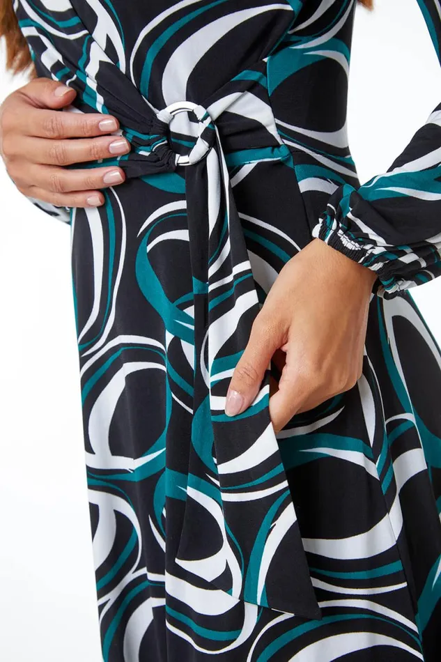 Women Dark Green Abstract Wrap Ring Detail Dress Roman Dresses
