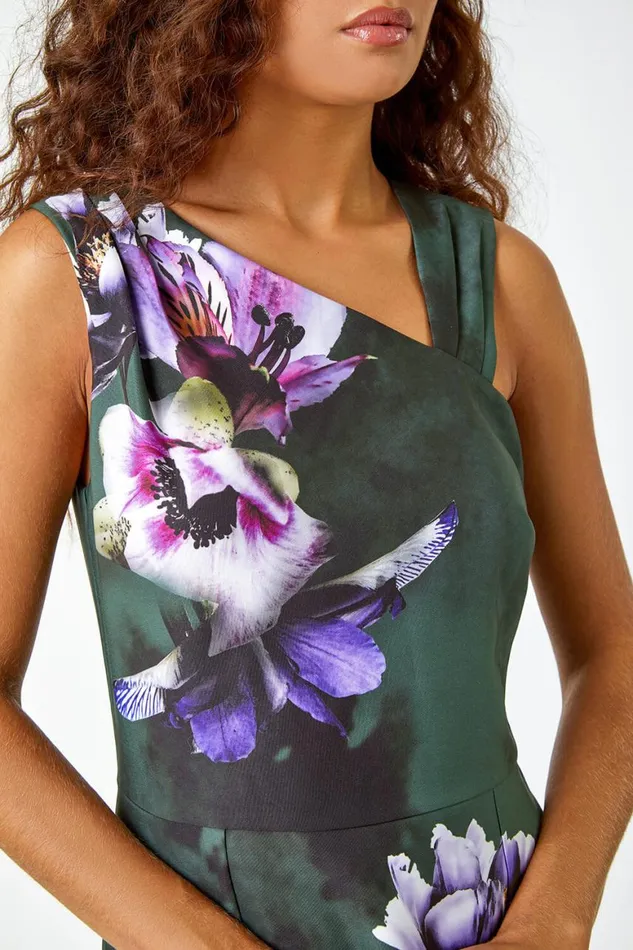 Women Dark Green Floral Asymmetric Pleat Detail Stretch Dress Roman Dresses