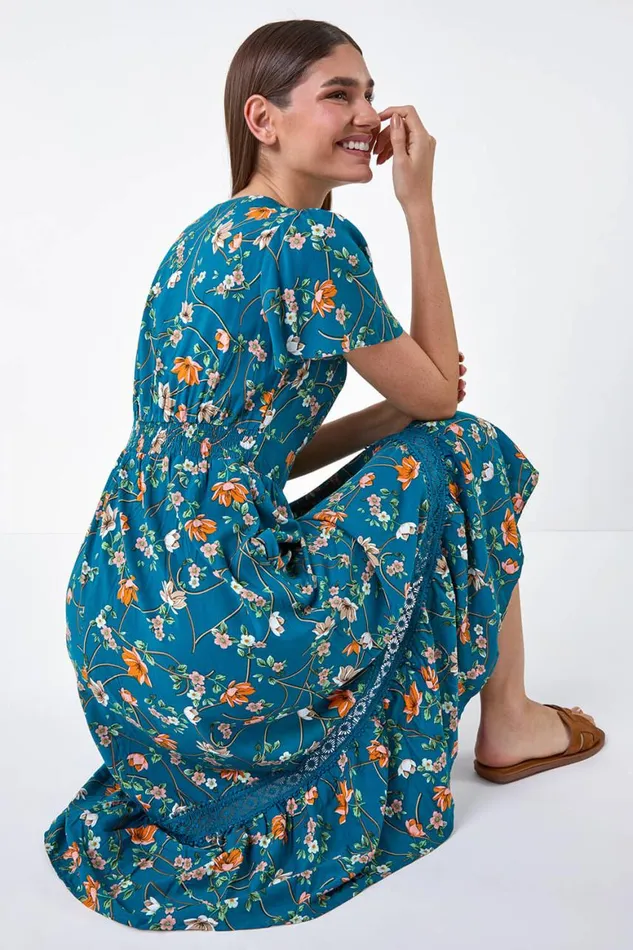Women Dark Green Floral Lace Trim Pocket Midi Dress Roman Dresses