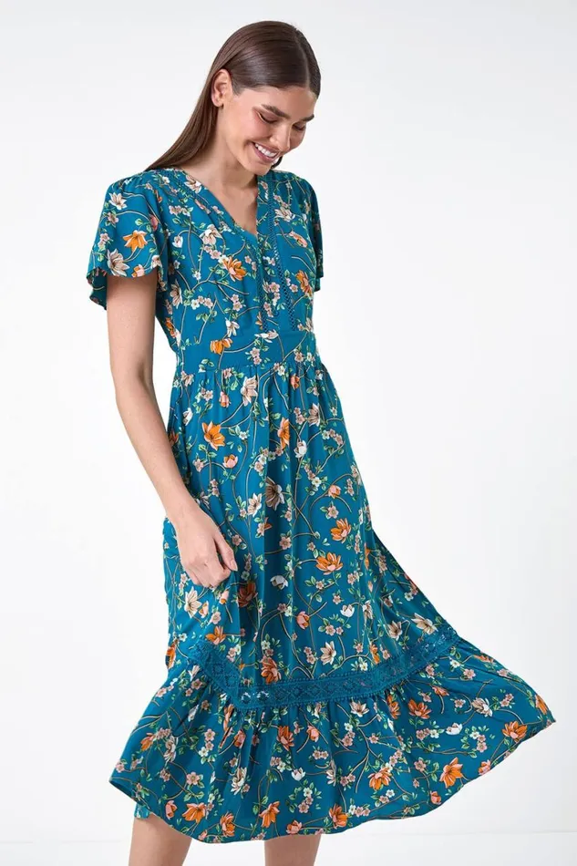 Women Dark Green Floral Lace Trim Pocket Midi Dress Roman Dresses