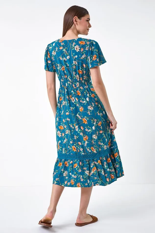 Women Dark Green Floral Lace Trim Pocket Midi Dress Roman Dresses