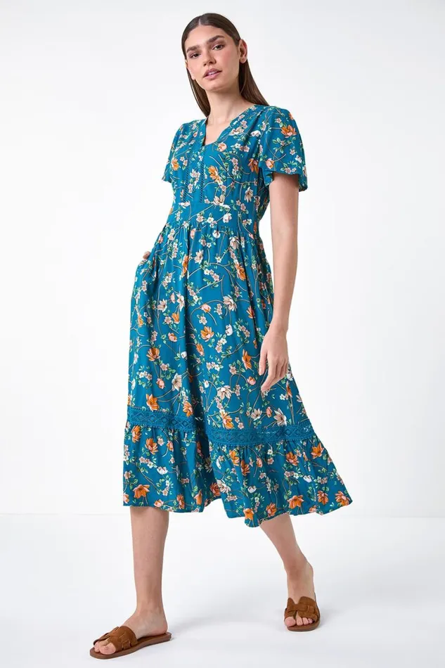 Women Dark Green Floral Lace Trim Pocket Midi Dress Roman Dresses