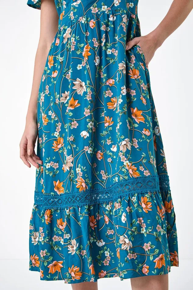 Women Dark Green Floral Lace Trim Pocket Midi Dress Roman Dresses