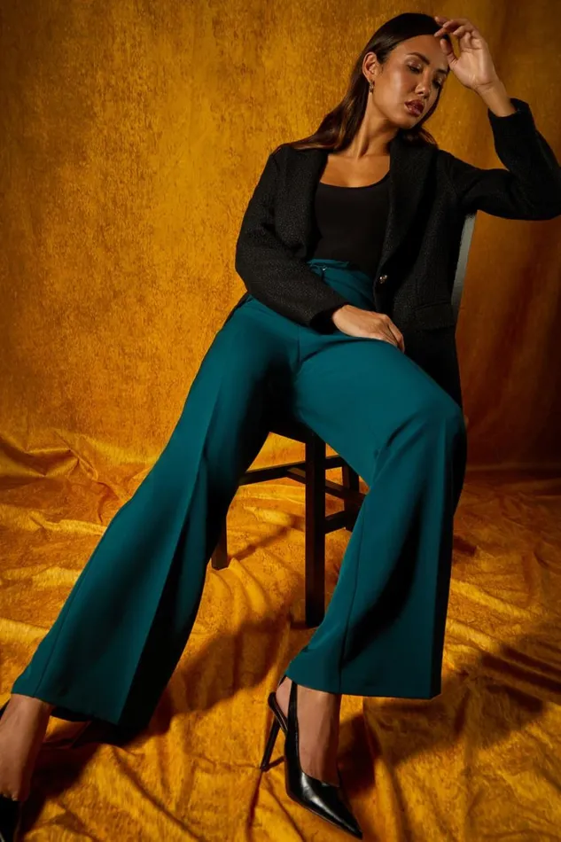 Women Dark Green Wide Leg Tie Front Stretch Trouser Roman Trousers