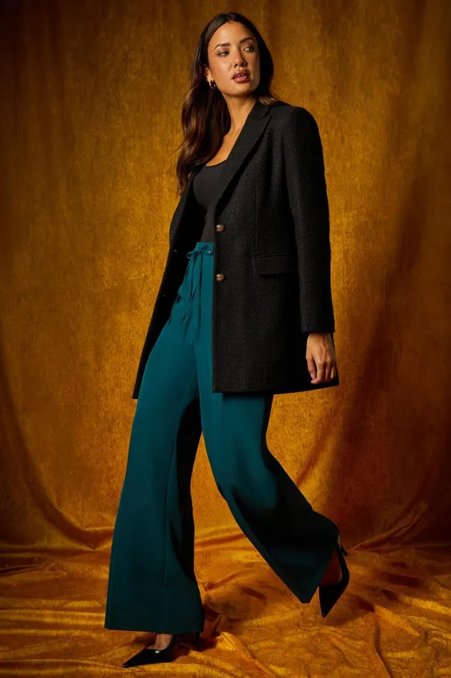 Women Dark Green Wide Leg Tie Front Stretch Trouser Roman Trousers