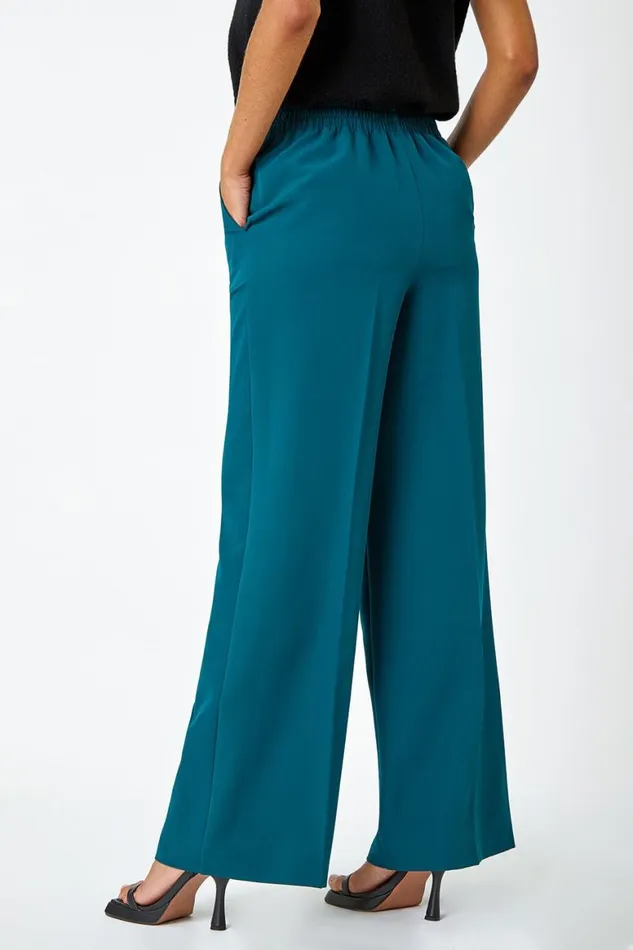 Women Dark Green Wide Leg Tie Front Stretch Trouser Roman Trousers