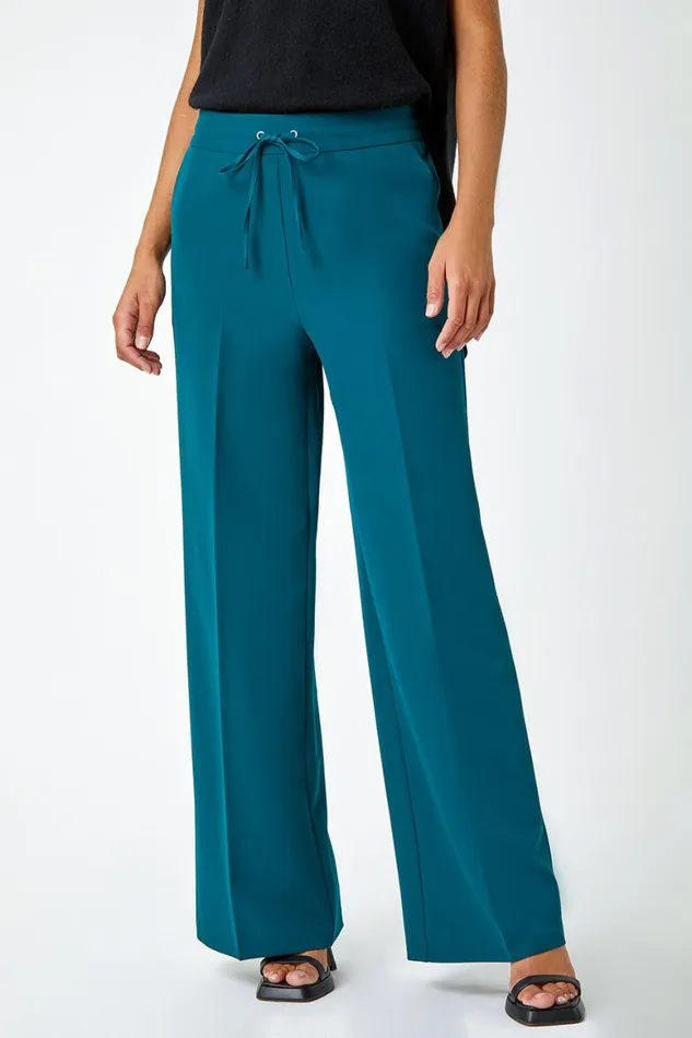 Women Dark Green Wide Leg Tie Front Stretch Trouser Roman Trousers