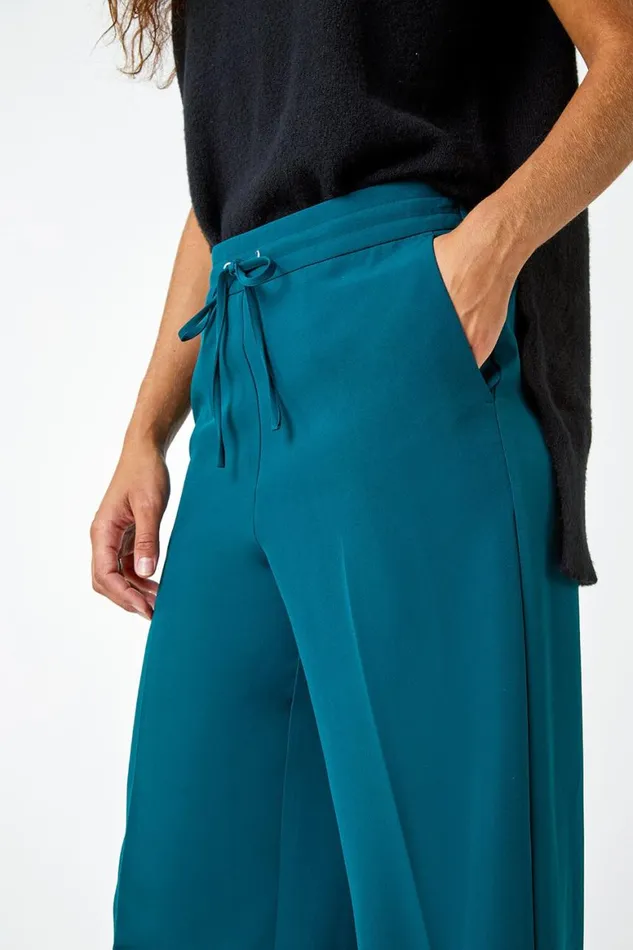 Women Dark Green Wide Leg Tie Front Stretch Trouser Roman Trousers