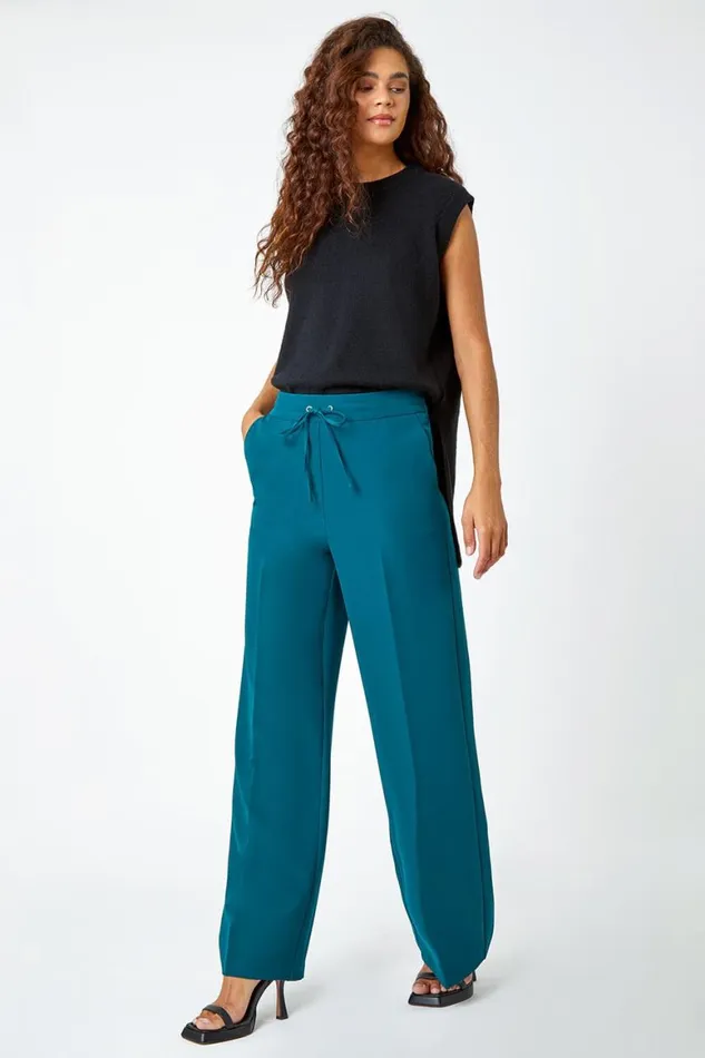 Women Dark Green Wide Leg Tie Front Stretch Trouser Roman Trousers