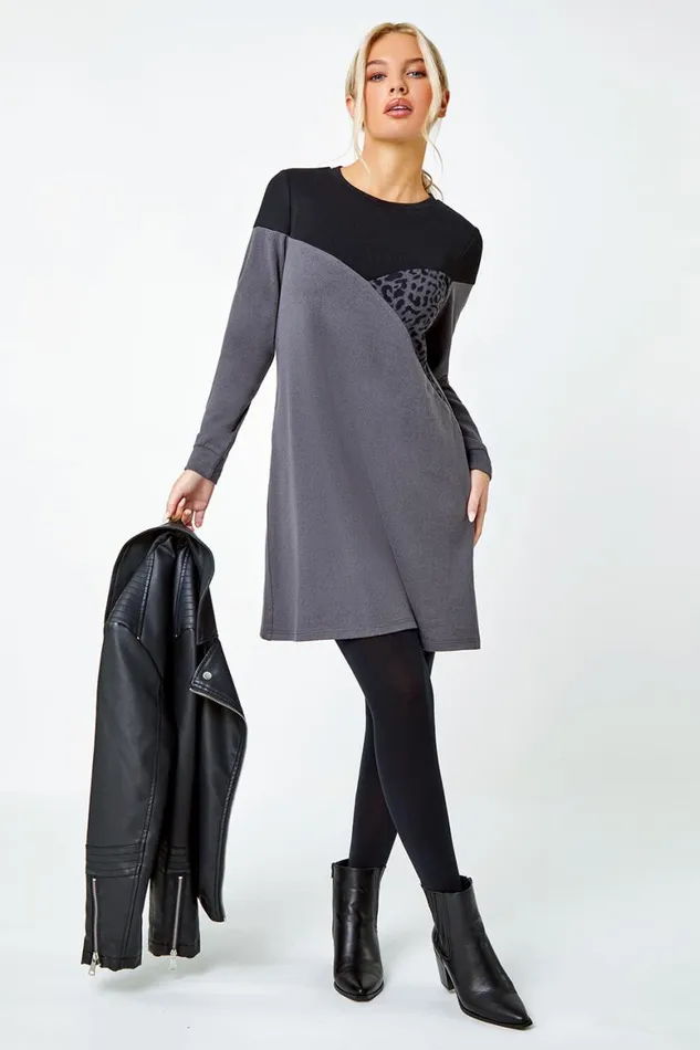 Women Dark Grey Petite Animal Colour Block Knit Dress Roman Dresses
