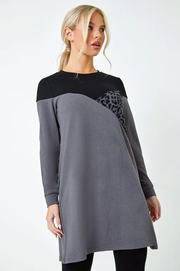 Women Dark Grey Petite Animal Colour Block Knit Dress Roman Dresses