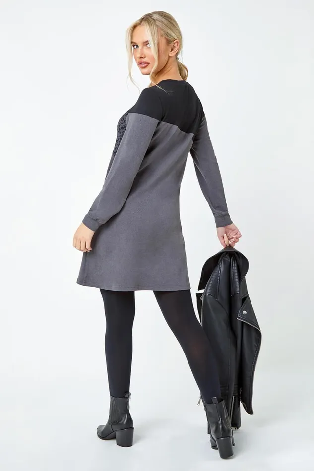 Women Dark Grey Petite Animal Colour Block Knit Dress Roman Dresses