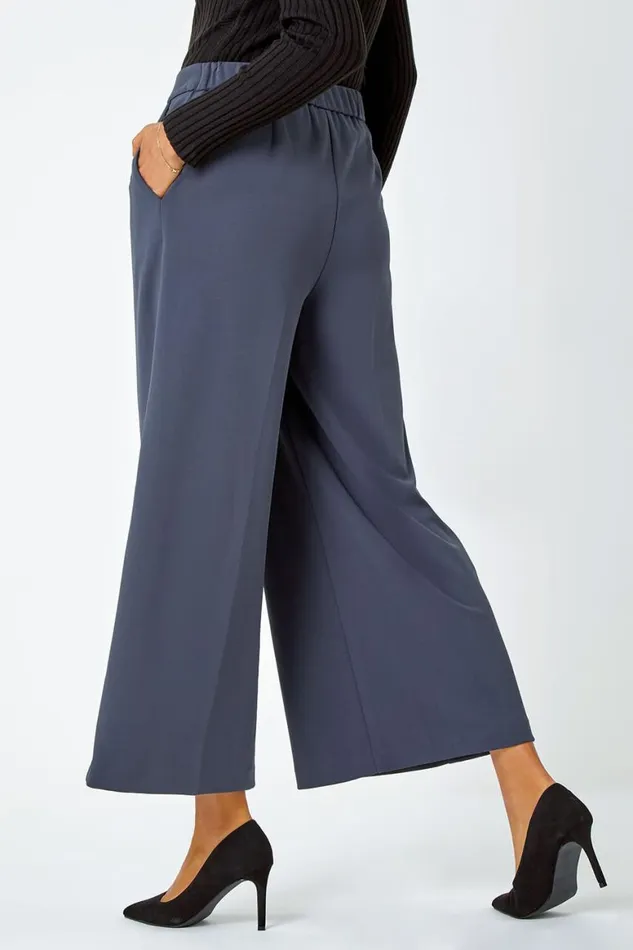 Women Dark Grey Wide Leg Stretch Culottes Roman Trousers