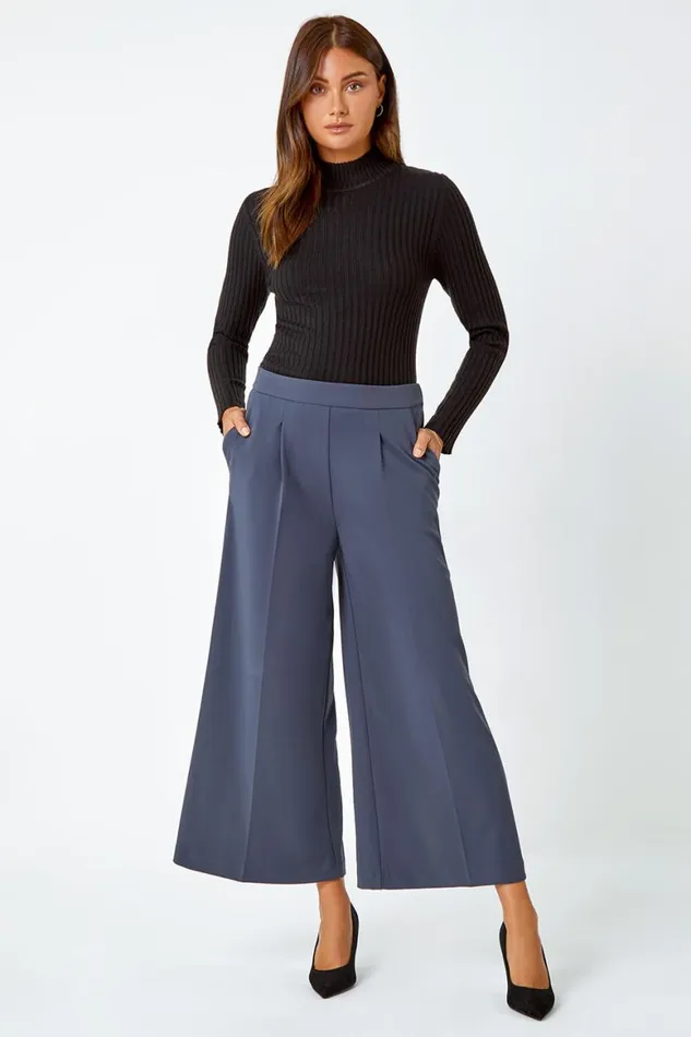 Women Dark Grey Wide Leg Stretch Culottes Roman Trousers