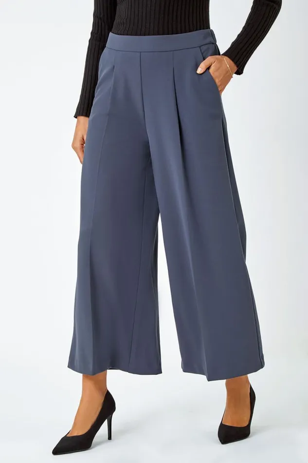 Women Dark Grey Wide Leg Stretch Culottes Roman Trousers