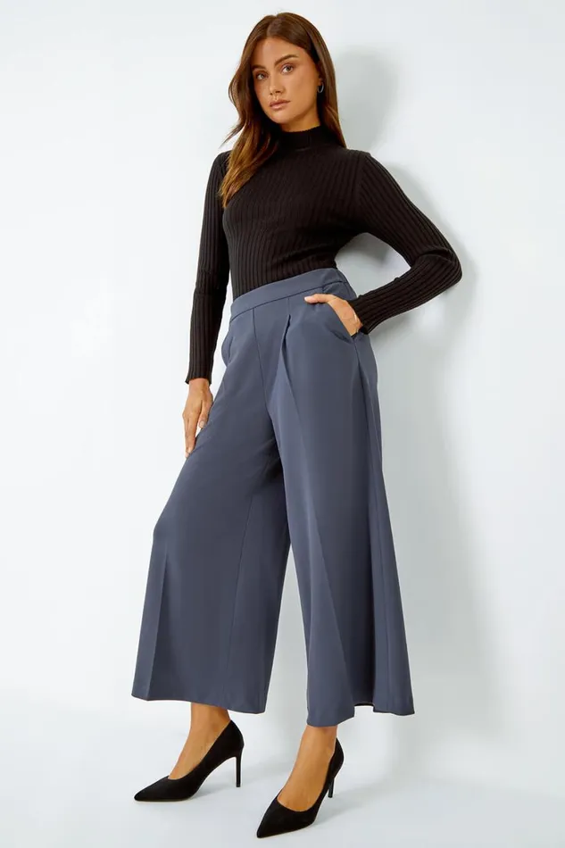 Women Dark Grey Wide Leg Stretch Culottes Roman Trousers