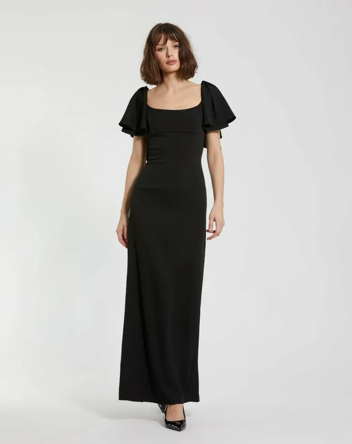 Women Daytime Dresses Mac Duggal Black Crepe Fitted Long Dress With Short Ruffle Sleeves Black Women Daytime Dresses Mac Duggal Black Crepe Fitted Long Dress With Short Ruffle Sleeves Black