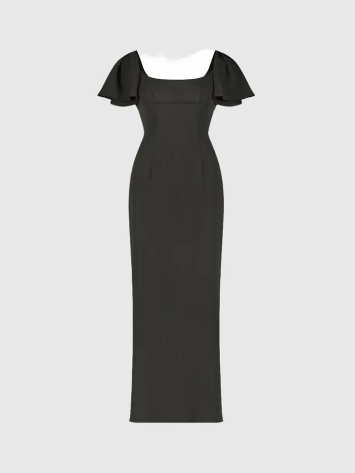 Women Daytime Dresses Mac Duggal Black Crepe Fitted Long Dress With Short Ruffle Sleeves Black
