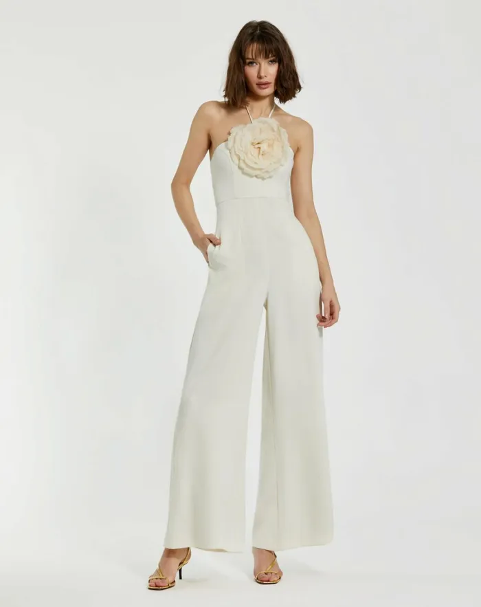Women Daytime Dresses Mac Duggal Crepe Halter Neck Jumpsuit With Flower Ivory