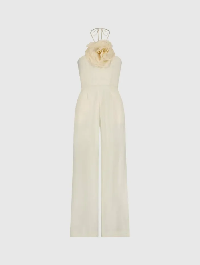 Women Daytime Dresses Mac Duggal Crepe Halter Neck Jumpsuit With Flower Ivory