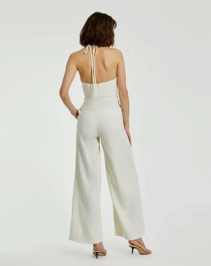 Women Daytime Dresses Mac Duggal Crepe Halter Neck Jumpsuit With Flower Ivory