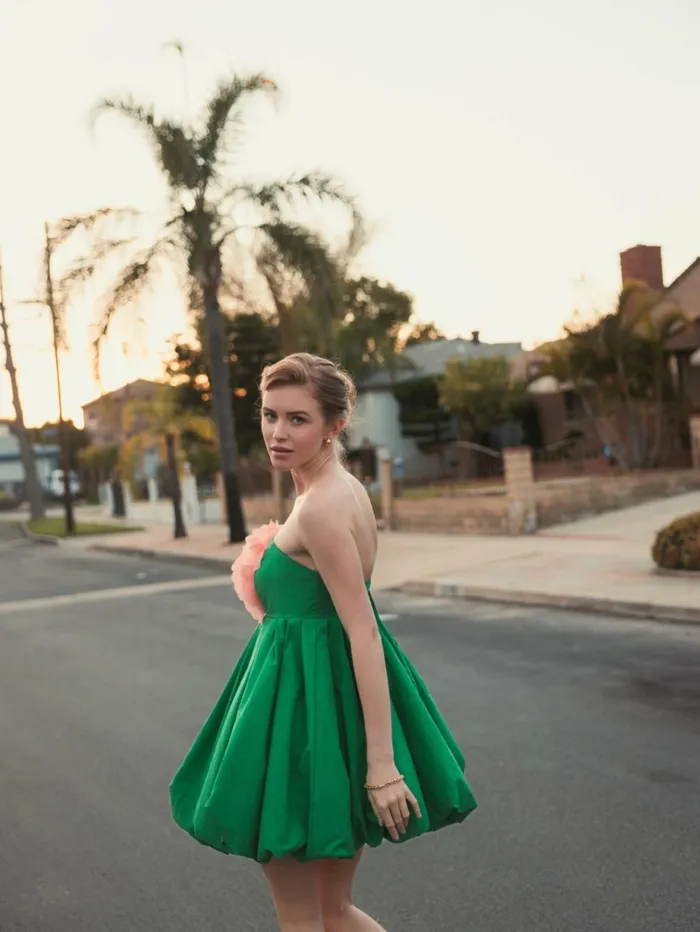 Women Daytime Dresses Mac Duggal Green Strapless Faille Mini Dress With 3D Flower Spring Green