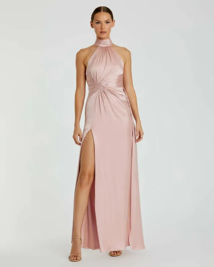 Women Daytime Dresses Mac Duggal Light Pink Open Back High Neck Side Ruched Gown Shell Pink