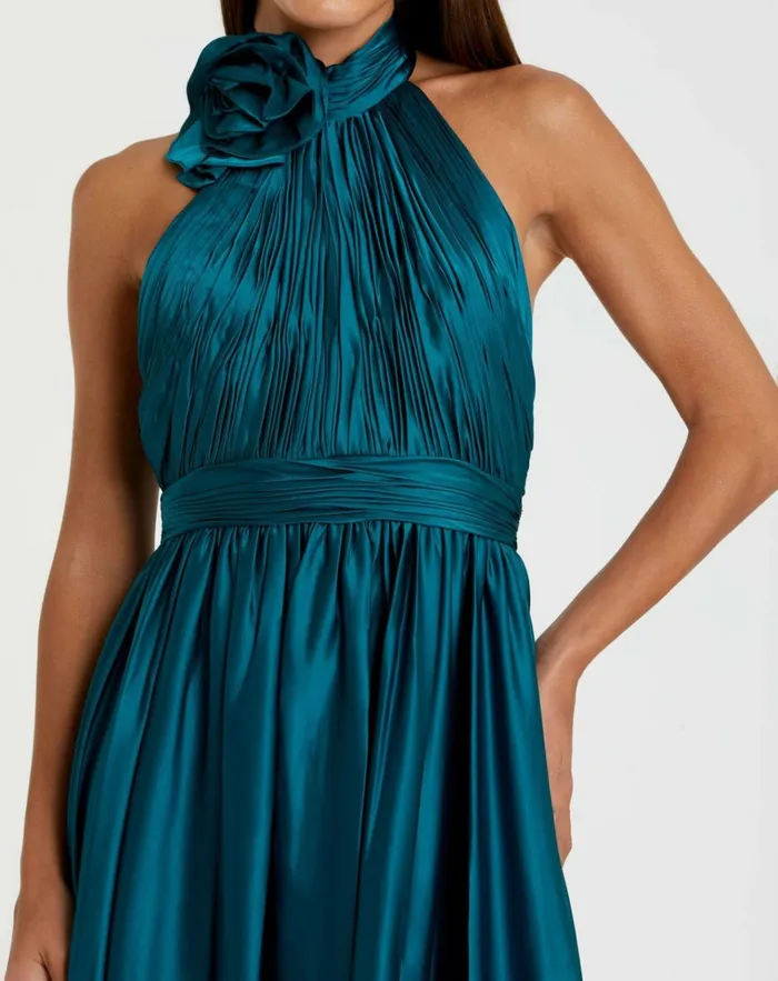 Women Daytime Dresses Mac Duggal Pleated Charmeuse High Neck Sleeveless Midi Dress Ocean