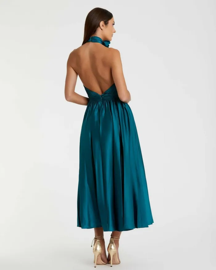 Women Daytime Dresses Mac Duggal Pleated Charmeuse High Neck Sleeveless Midi Dress Ocean