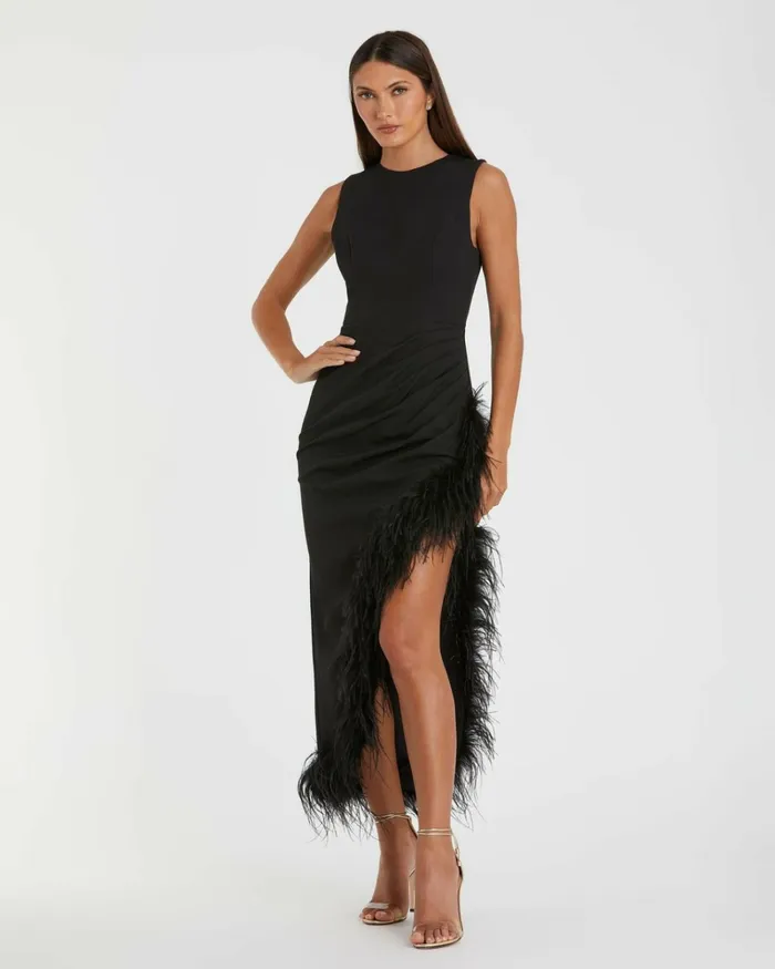 Women Daytime Dresses Mac Duggal Sleeveless Faux Wrap Dress With Feather Detail Black