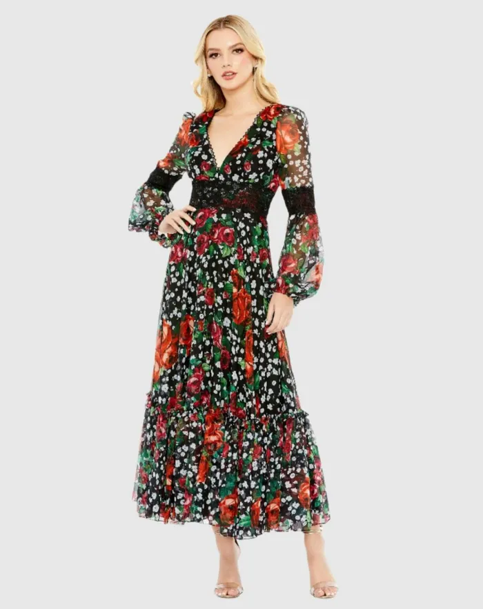 Women Daytime Dresses Mac Duggal Vneck Floral Long Puff Sleeve Ruffle Dress 8211 FINAL SALE Black Multi Women Daytime Dresses Mac Duggal Vneck Floral Long Puff Sleeve Ruffle Dress 8211 FINAL SALE Black Multi