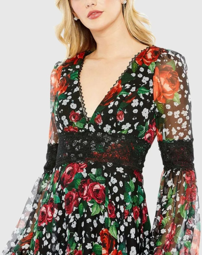 Women Daytime Dresses Mac Duggal Vneck Floral Long Puff Sleeve Ruffle Dress 8211 FINAL SALE Black Multi Women Daytime Dresses Mac Duggal Vneck Floral Long Puff Sleeve Ruffle Dress 8211 FINAL SALE Black Multi