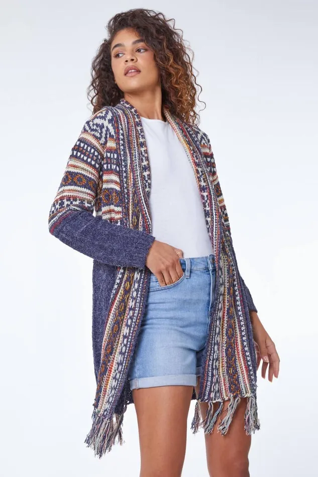 Women Denim Aztec Print Tassel Hem Longline Cardigan Roman Knitwear