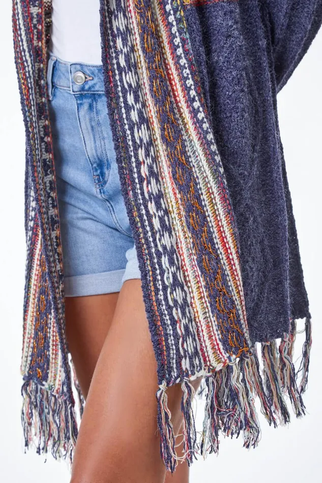 Women Denim Aztec Print Tassel Hem Longline Cardigan Roman Knitwear