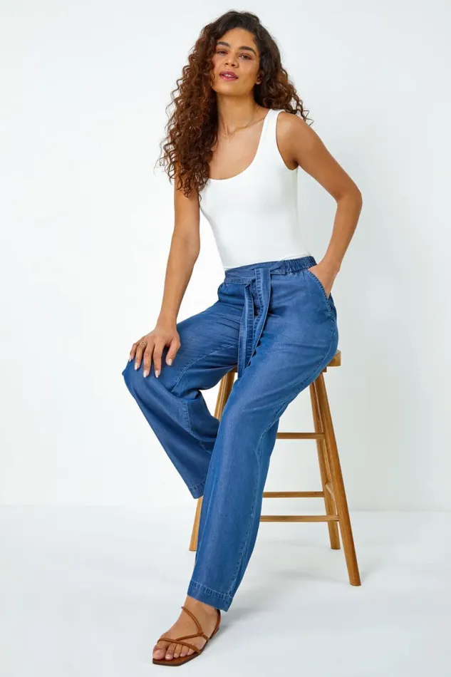Women Denim Elastic Tie Waist Pocket Shorts Roman Trousers