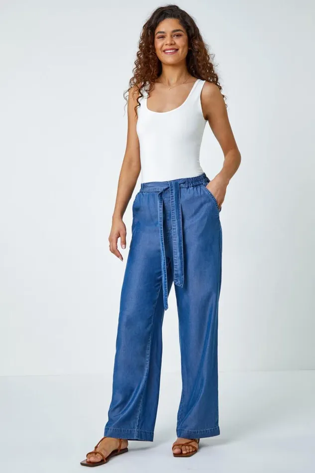 Women Denim Elastic Tie Waist Pocket Shorts Roman Trousers